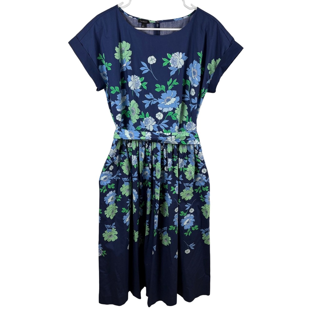 Talbots Floral Cotton Midi Dress 8 Blue Green Fit Flare Pockets Garden Party